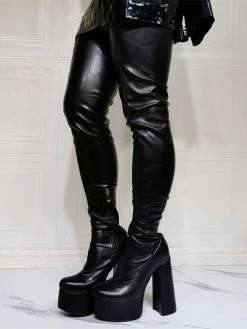 Women Over The Knee Boots Platform Plus Size Chunky Heel PU Leather Black Thigh High Boots -winter shoes Sales 2023 202110081747223037597