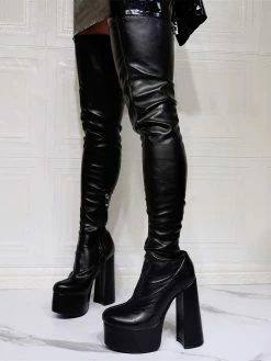 Women Over The Knee Boots Platform Plus Size Chunky Heel PU Leather Black Thigh High Boots -winter shoes Sales 2023 202110081747226621667