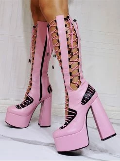 Women Pink Boots Chunky Heel PlatformsPU Leather Knee High Summer Boots -winter shoes Sales 2023 202110081747230316180
