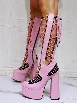 Women Pink Boots Chunky Heel PlatformsPU Leather Knee High Summer Boots -winter shoes Sales 2023 202110081747233474589