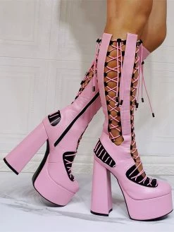 Women Pink Boots Chunky Heel PlatformsPU Leather Knee High Summer Boots -winter shoes Sales 2023 202110081747240459399