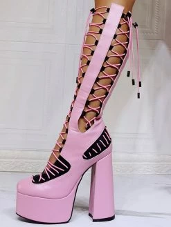 Women Pink Boots Chunky Heel PlatformsPU Leather Knee High Summer Boots
