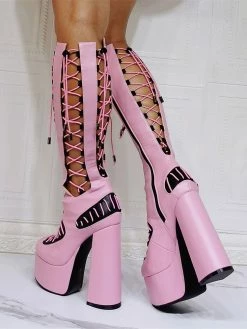 Women Pink Boots Chunky Heel PlatformsPU Leather Knee High Summer Boots -winter shoes Sales 2023 202110081747249778880