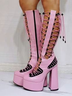 Women Pink Boots Chunky Heel PlatformsPU Leather Knee High Summer Boots -winter shoes Sales 2023 202110081747253037841