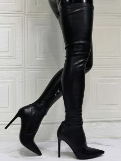 Women Over The Knee Boots Plus Size Stiletto Heel PU Leather Black Thigh High Boots
