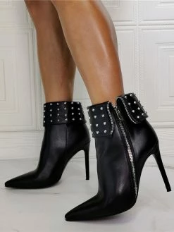 Women Booties Pointed Toe Stiletto Heel PU Leather High Tops Black Ankle Boots -winter shoes Sales 2023 202110111344592345669