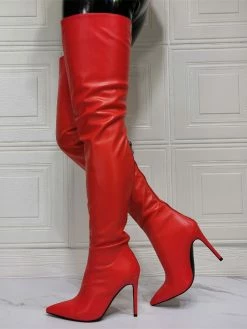 Women Over The Knee Boots Plus Size Stiletto Heel PU Leather Red Thigh High Boots