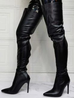 Women Over The Knee Boots Plus Size Stiletto Heel PU Leather Black Thigh High Boots