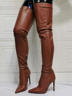 Women Over The Knee Boots Plus Size Stiletto Heel PU Leather Coffee Brown Thigh High Boots