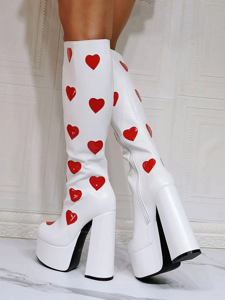 Women Boots Heat Pattern Plus Size Platform Round Toe Chunky Heel White Knee High Boots 4 Women Boots Heat Pattern Plus Size Platform Round Toe Chunky Heel White Knee High Boots - Image 4