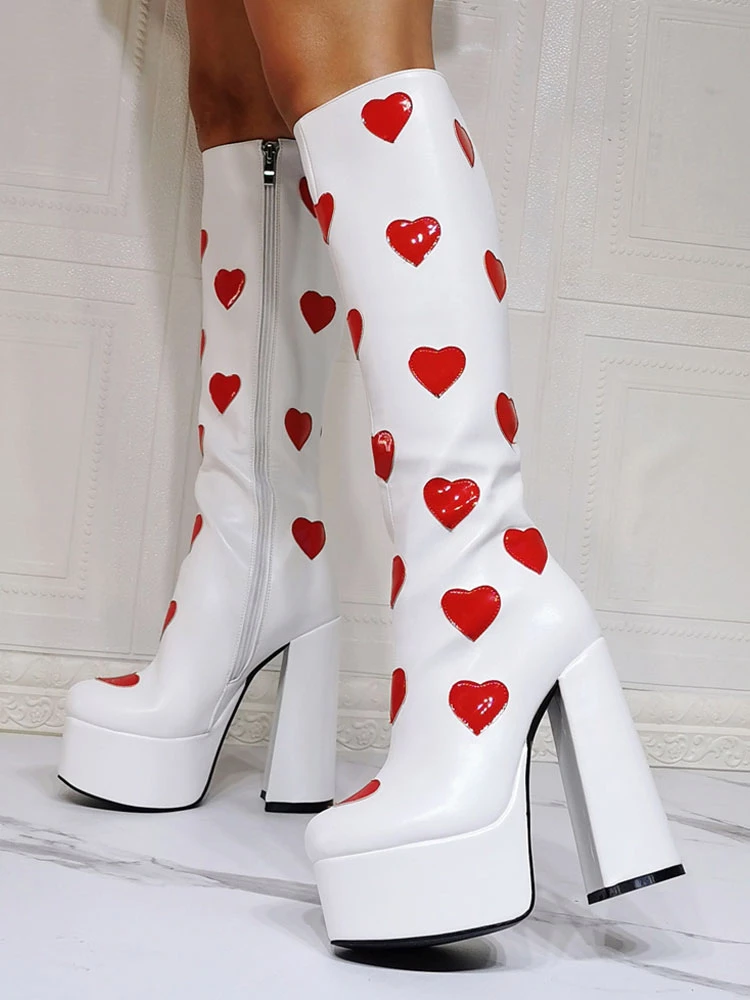 Women Boots Heat Pattern Plus Size Platform Round Toe Chunky Heel White Knee High Boots 1 Women Boots Heat Pattern Plus Size Platform Round Toe Chunky Heel White Knee High Boots