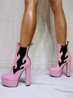 Women Booties Geometric Round Toe Platform Chunky Heel PU Leather High Tops Pink Ankle Boots -winter shoes Sales 2023 202110111346423812698