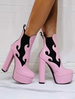Women Booties Geometric Round Toe Platform Chunky Heel PU Leather High Tops Pink Ankle Boots -winter shoes Sales 2023 202110111346426988700