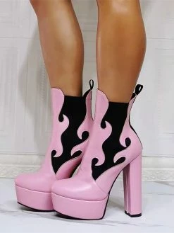 Women Booties Geometric Round Toe Platform Chunky Heel PU Leather High Tops Pink Ankle Boots -winter shoes Sales 2023 20211011134643012488