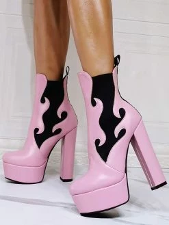Women Booties Geometric Round Toe Platform Chunky Heel PU Leather High Tops Pink Ankle Boots