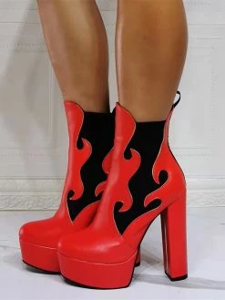 Women Booties Geometric Round Toe Platform Chunky Heel PU Leather High Tops Pink Ankle Boots -winter shoes Sales 2023 202110111346439831381