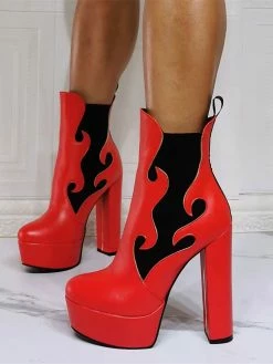 Women Booties Geometric Round Toe Platform Chunky Heel PU Leather High Tops Pink Ankle Boots -winter shoes Sales 2023 202110111346443038301