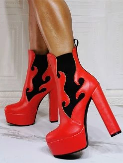 Women Booties Geometric Round Toe Platform Chunky Heel PU Leather High Tops Pink Ankle Boots -winter shoes Sales 2023 202110111346449429775