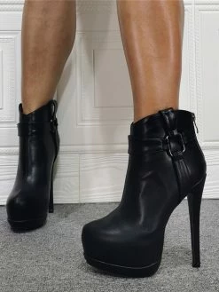 Women Booties Platform Stiletto Heel Geometric Round Toe Platform High Tops Black Ankle Boots