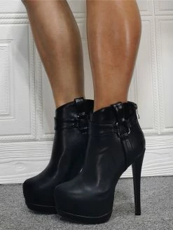 Women Booties Platform Stiletto Heel Geometric Round Toe Platform High Tops Black Ankle Boots -winter shoes Sales 2023 202110111346575709238