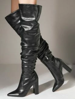 Women Over The Knee Boots Chunky Heel PU Leather Black Thigh High Boots