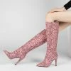 Women Boots Peach Pink Pointed Toe Stiletto Heel Knee High Boots