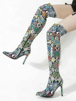 Women Boots Pointed Toe Stiletto Heel PU Leather Green Over The Knee High Boots -winter shoes Sales 2023 202110161543190017365
