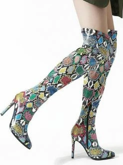 Women Boots Pointed Toe Stiletto Heel PU Leather Green Over The Knee High Boots