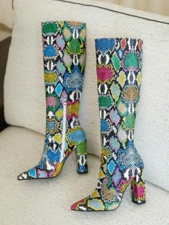 Women Boots Pointed Toe Chunky Heel PU Leather Green Knee High Boots -winter shoes Sales 2023 202110161543302761372