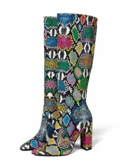 Women Boots Pointed Toe Chunky Heel PU Leather Green Knee High Boots -winter shoes Sales 2023 202110161543316693661