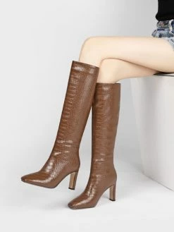 Womens Croc Embossed Chunky Heel Knee High Boots -winter shoes Sales 2023 202110161543332835569