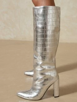 Women Booties Pointed Toe Chunky Heel PU Leather Blond Knee-High Boots -winter shoes Sales 2023 202110181708030531257