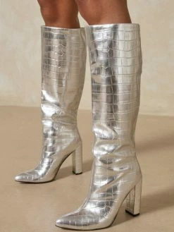 Women Booties Pointed Toe Chunky Heel PU Leather Blond Knee-High Boots -winter shoes Sales 2023 202110181708033702777