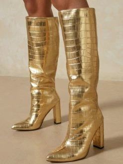 Women Booties Pointed Toe Chunky Heel PU Leather Blond Knee-High Boots