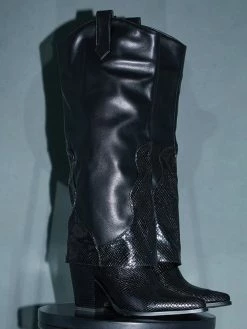 Women Boots Pointed Toe Chunky Heel PU Leather Black Knee-High Boots -winter shoes Sales 2023 202110181708110434479