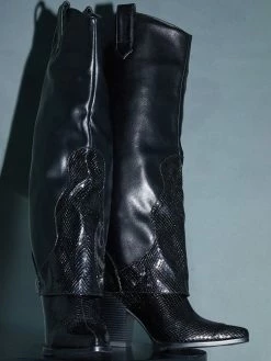 Women Boots Pointed Toe Chunky Heel PU Leather Black Knee-High Boots -winter shoes Sales 2023 202110181708113762482