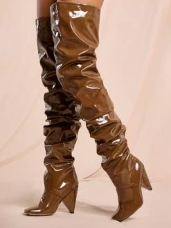 Women Over The Knee Boots Chunky Heel Pointed Toe PU Leather Khaki Thigh High Boots
