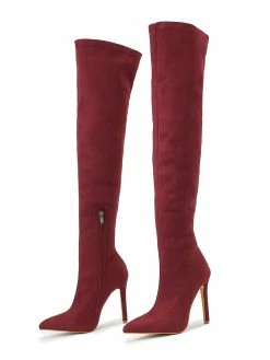 Women Thigh High Boots Stiletto Heel Pointed Toe Micro Suede Upper Burgundy Over The Knee Boots