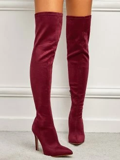 Women Thigh High Boots Stiletto Heel Pointed Toe Micro Suede Upper Burgundy Over The Knee Boots -winter shoes Sales 2023 202111181524262624322
