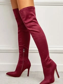 Women Thigh High Boots Stiletto Heel Pointed Toe Micro Suede Upper Burgundy Over The Knee Boots -winter shoes Sales 2023 202111181524266454071