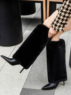Women Boots Stiletto Heel Pointed Toe Black Knee-High Boots