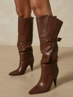 Women Boots Stiletto Heel Pointed Toe PU Leather Chocolate Brown Knee-High Boots