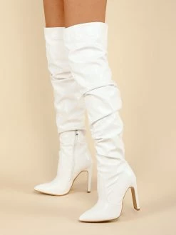 Women Over The Knee Boots Chunky Heel Pointed Toe PU Leather White Thigh High Boots -winter shoes Sales 2023 202201041512102667329