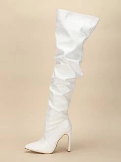 Women Over The Knee Boots Chunky Heel Pointed Toe PU Leather White Thigh High Boots
