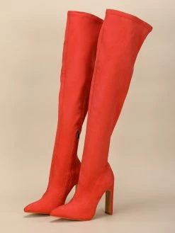 Women Over The Knee Boots Chunky Heel Pointed Toe Micro Suede Upper Orange Red Thigh High Boots