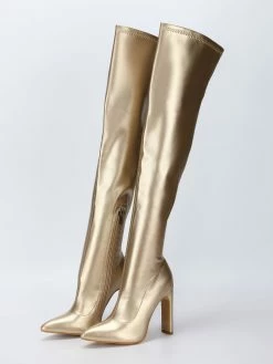 Women Over The Knee Boots Chunky Heel Point Toe PU Leather Blond Thigh High Boots