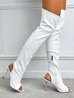 Women Over The Knee Boots Stiletto Heel Pointed Toe PU Leather White Thigh High Boots