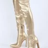 Women Over The Knee Boots Chunky Heel Pointed Toe PU Leather Blond Thigh High Boots