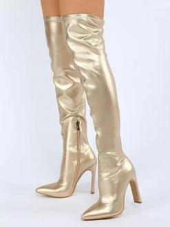 Women Over The Knee Boots Chunky Heel Pointed Toe PU Leather Blond Thigh High Boots