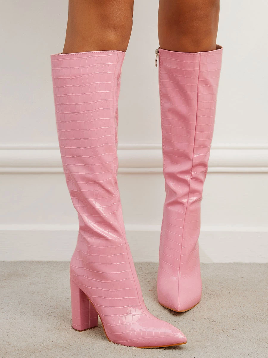 Women Croc Embossed Chunky Heel Knee-High Boots 6 Women Croc Embossed Chunky Heel Knee-High Boots - Image 6